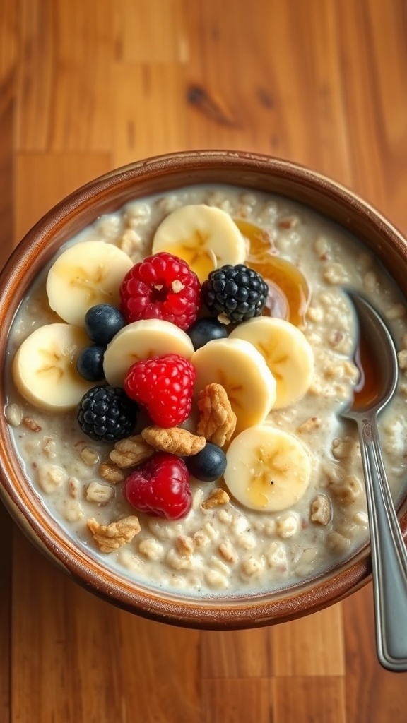 A bowl of oatmeal with bananas, berries, and nuts on a wooden table.